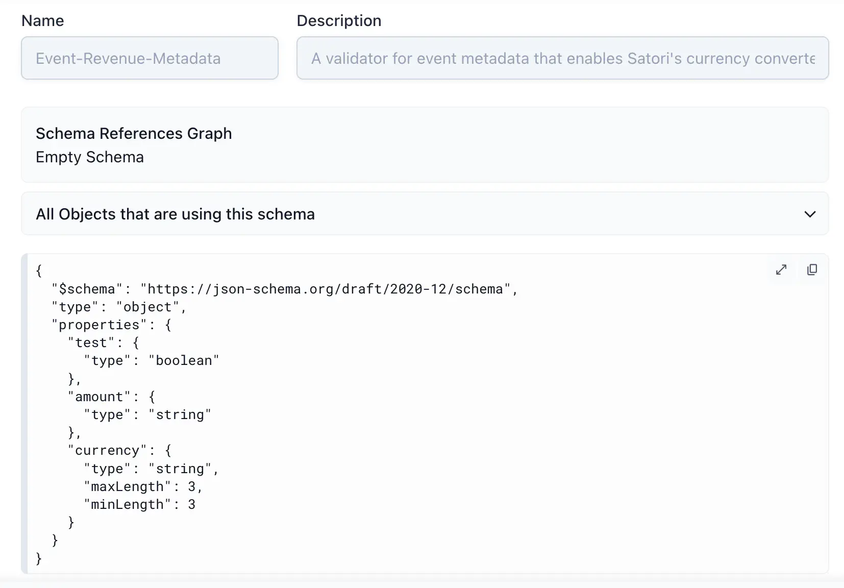 The Event-Revenue-Metadata schema validator showing currency defined as a string with minLength and maxLength of 3