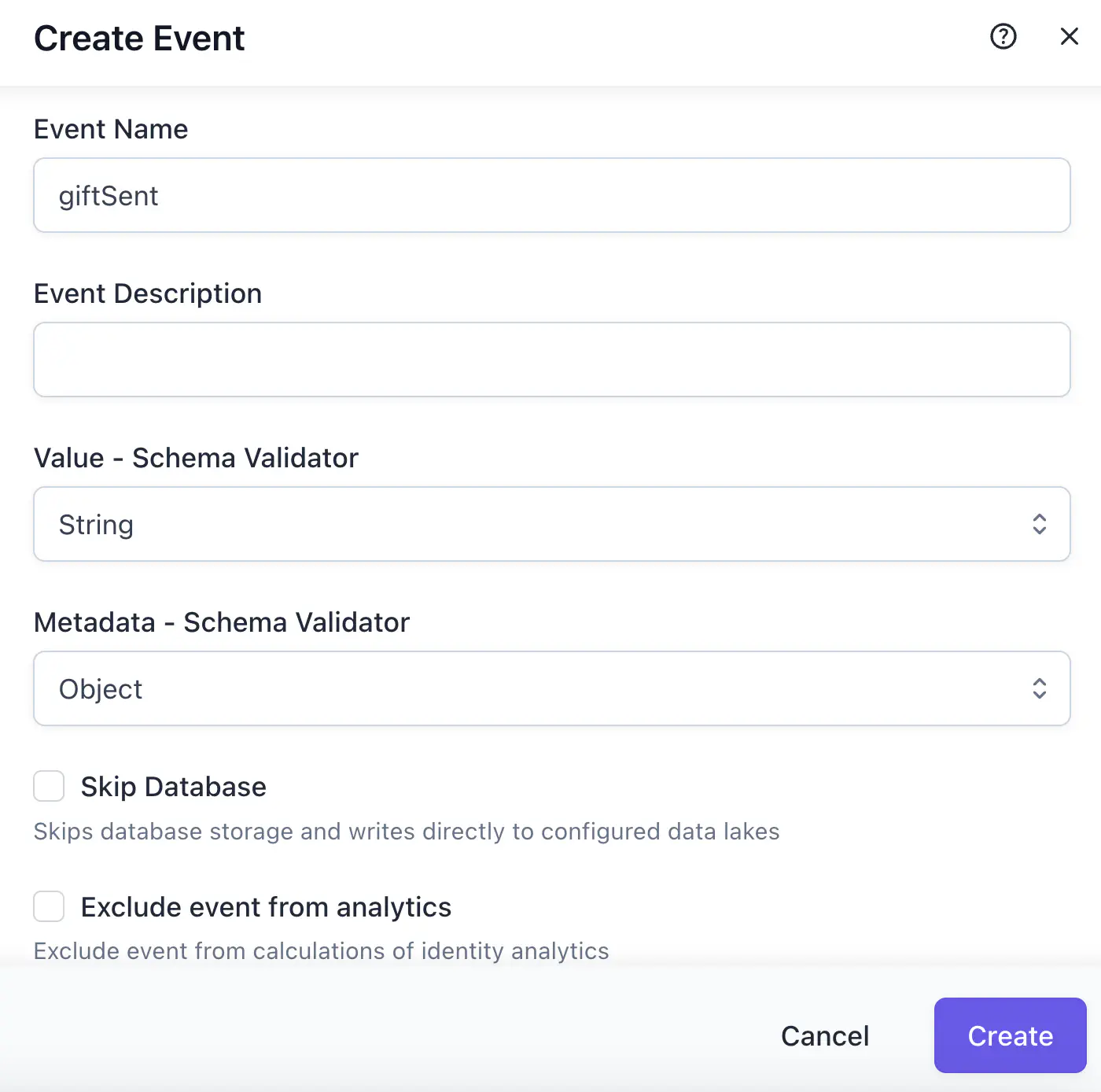 The Create Event dialog in Taxonomy with giftSent entered as the event name, Value set to String, and Metadata set to Object