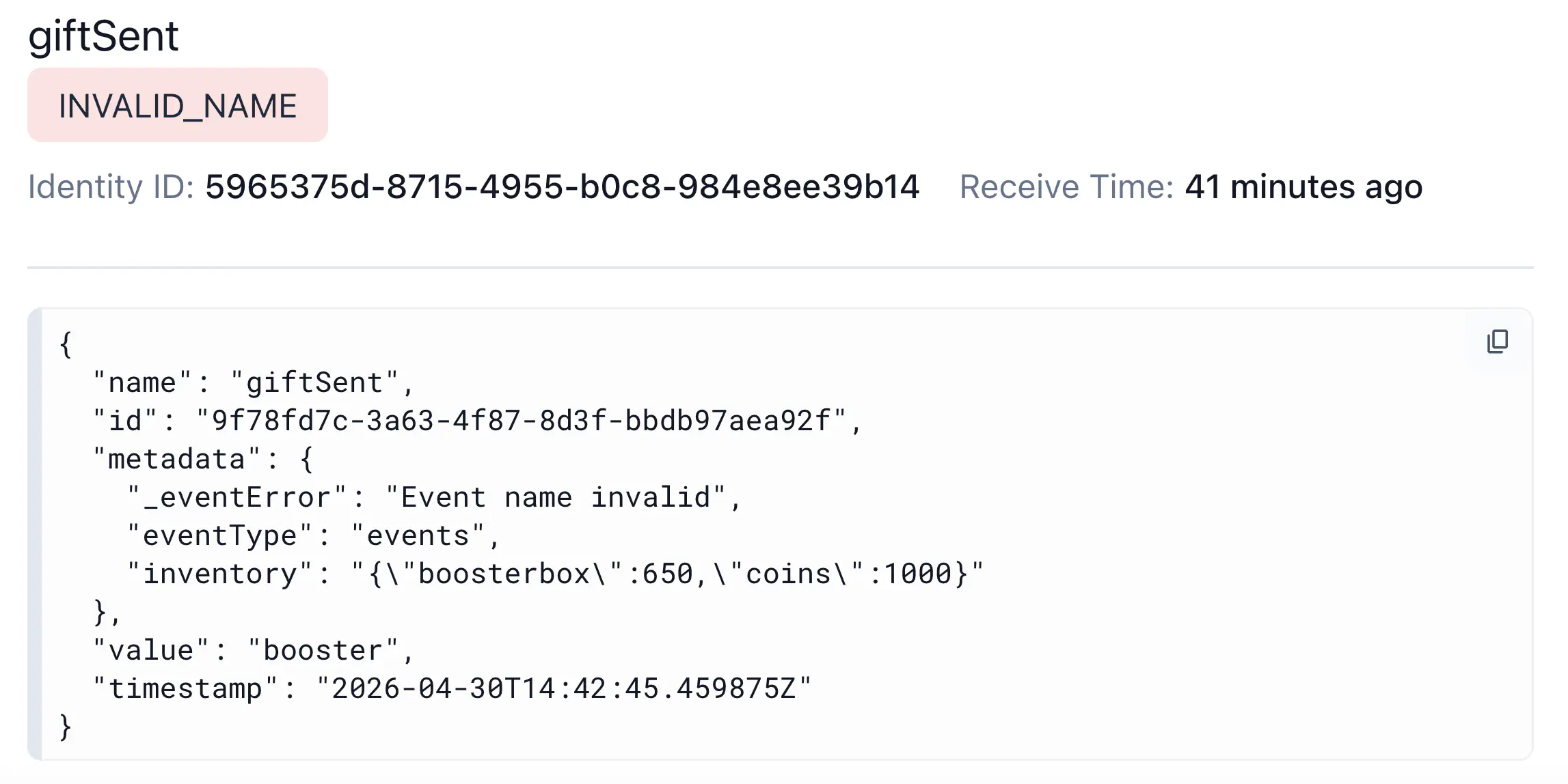 The giftSent event rejected with INVALID_NAME, showing the event payload with _eventError: Event name invalid