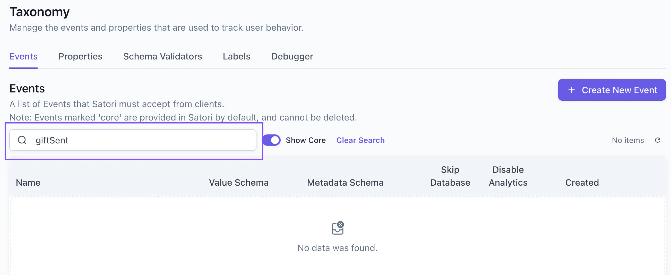 The Taxonomy Events tab with giftSent entered in the search field, showing No data was found
