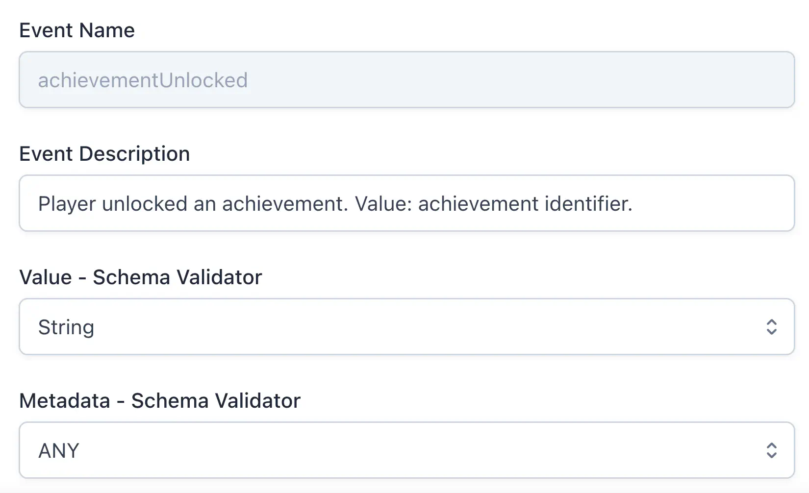 The achievementUnlocked event schema showing Value set to String and Metadata set to ANY