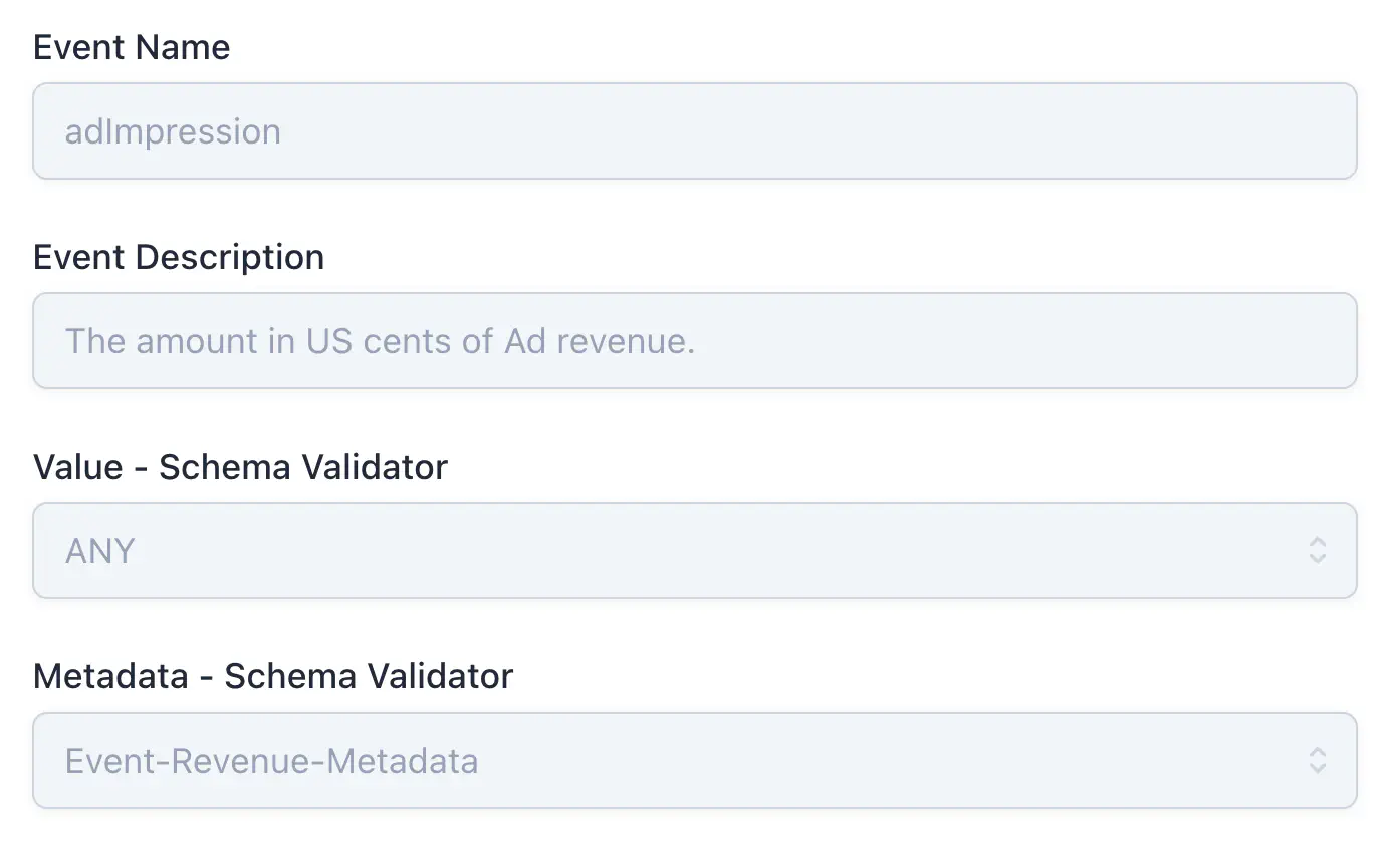 The adImpression event schema showing Metadata set to the Event-Revenue-Metadata schema validator