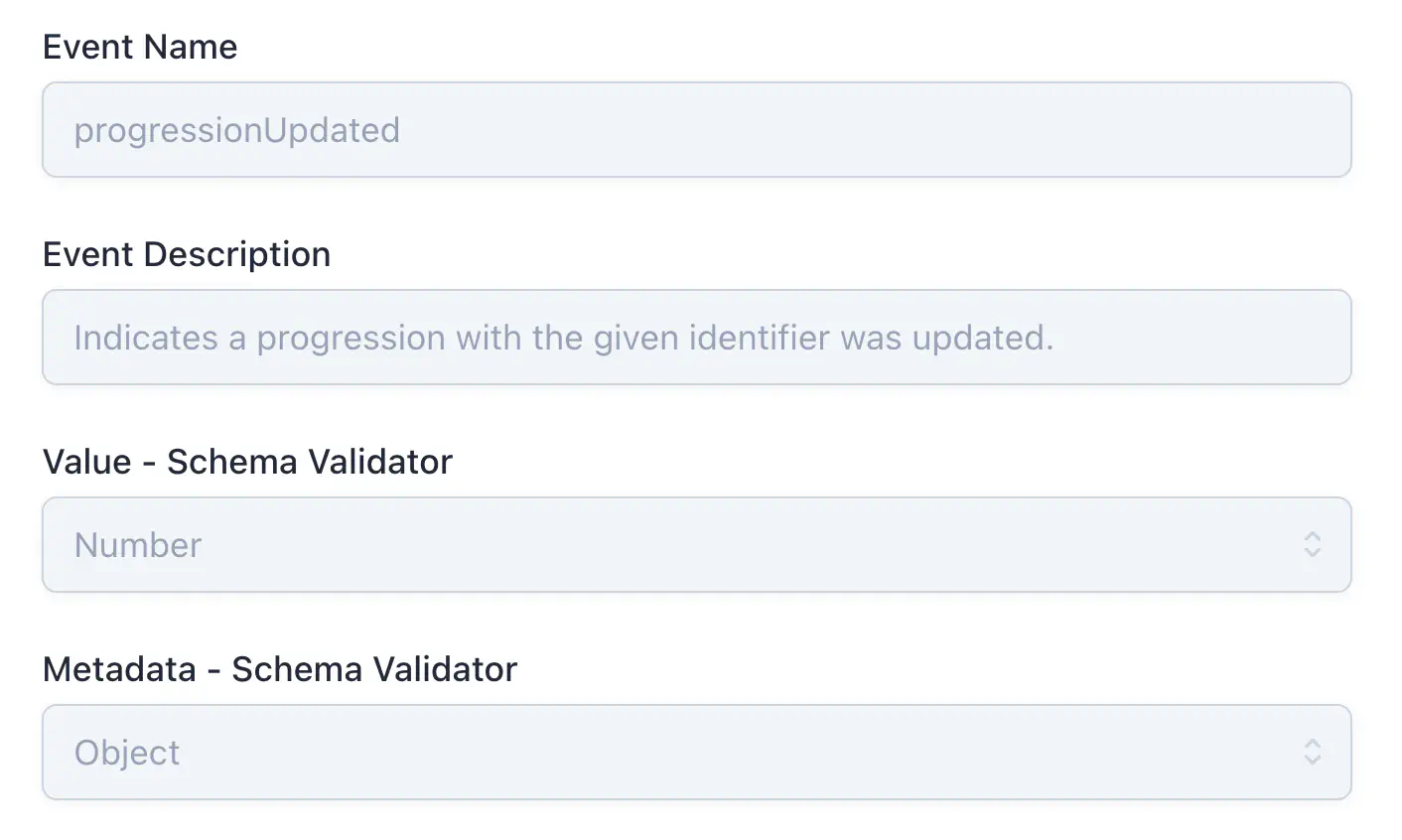 The progressionUpdated event schema showing Value set to Number and Metadata set to Object