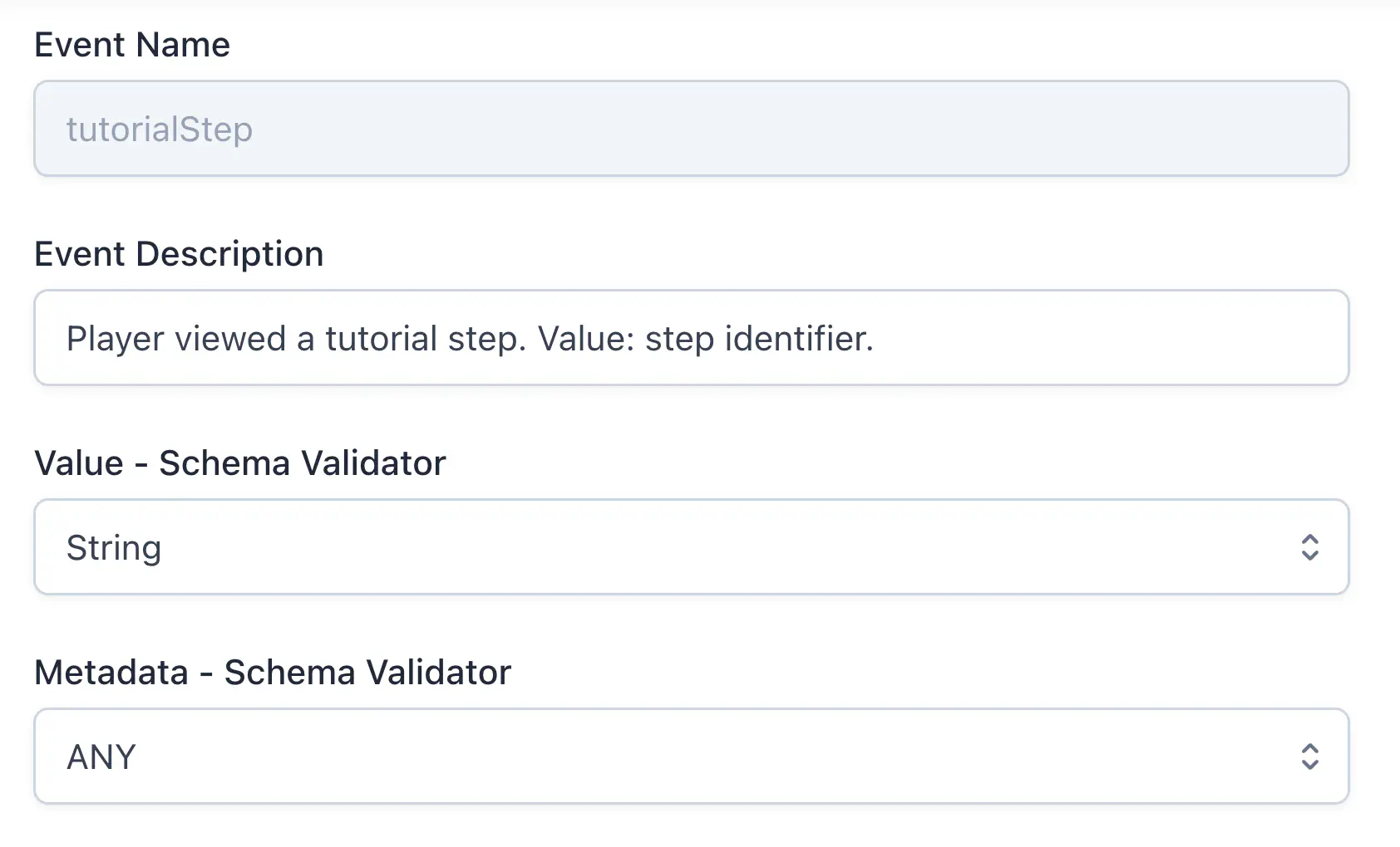The tutorialStep event schema showing Value set to String and Metadata set to ANY