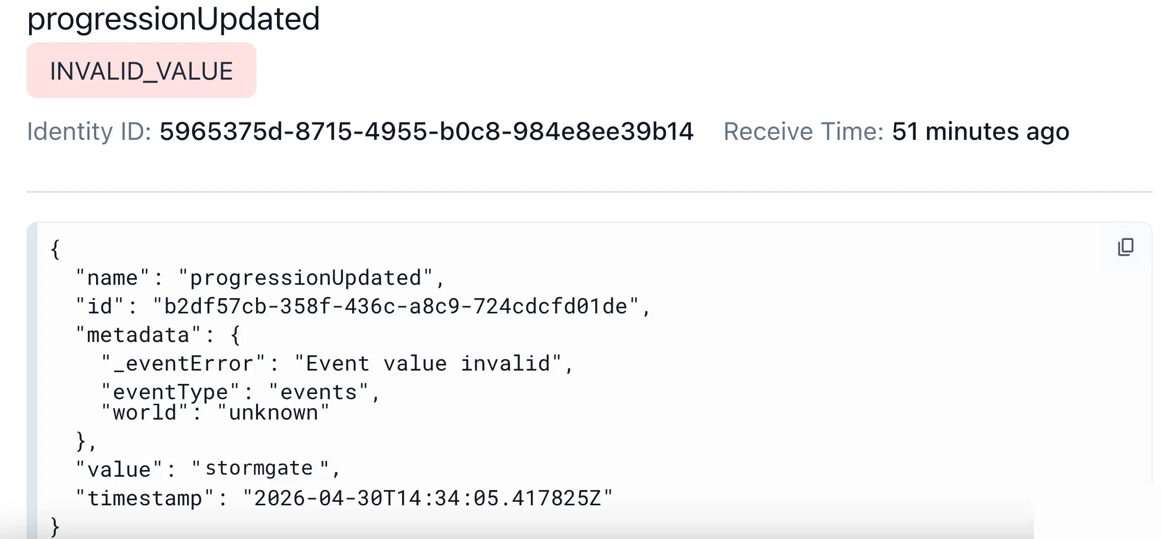 The progressionUpdated event rejected with INVALID_VALUE, showing value: spikor and _eventError: Event value invalid