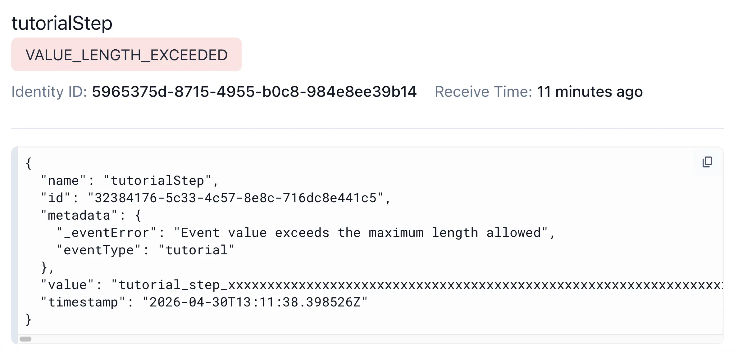 The tutorialStep event rejected with VALUE_LENGTH_EXCEEDED, showing a truncated long value string and _eventError: Event value exceeds the maximum length allowed