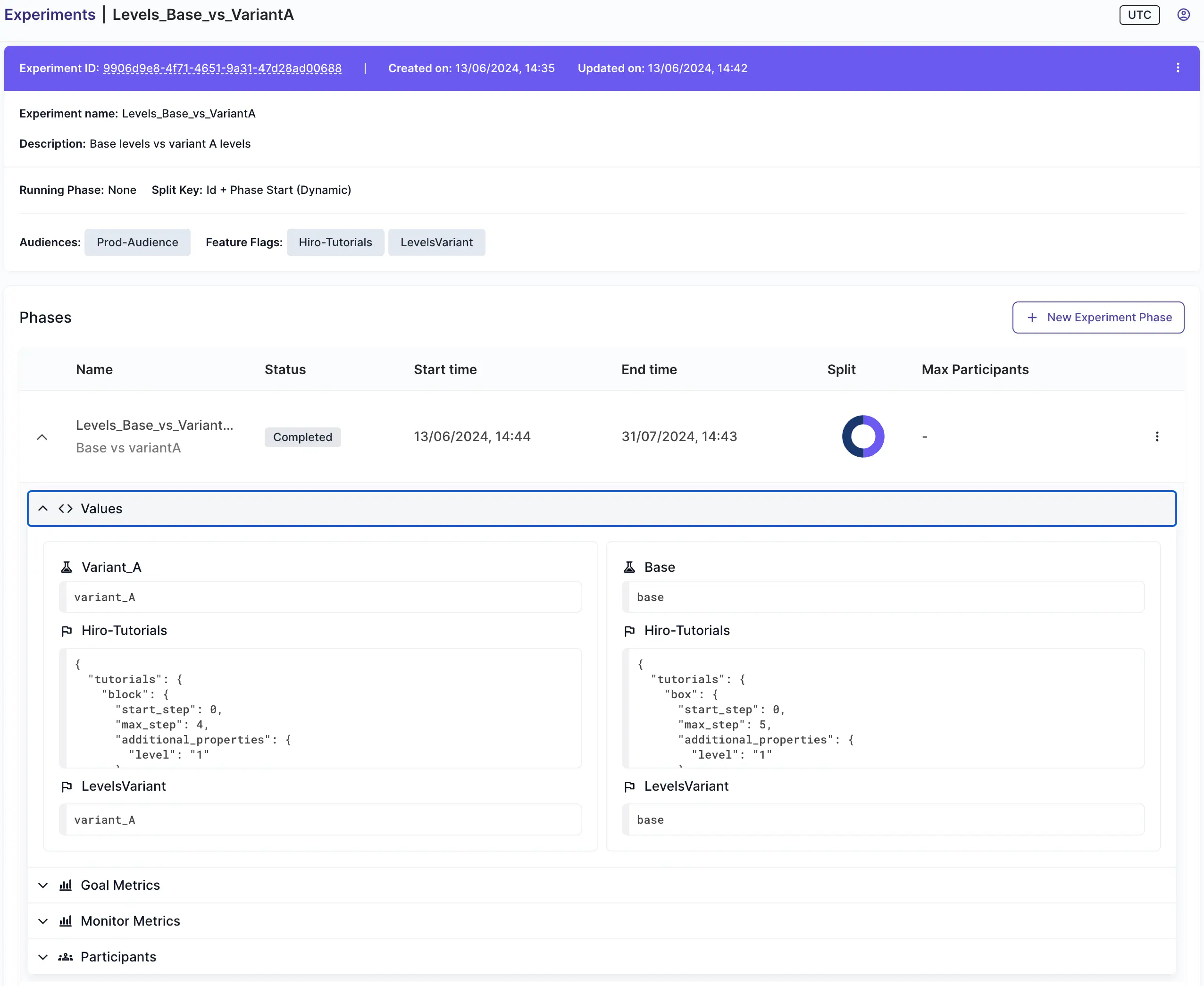 The experiment details screen