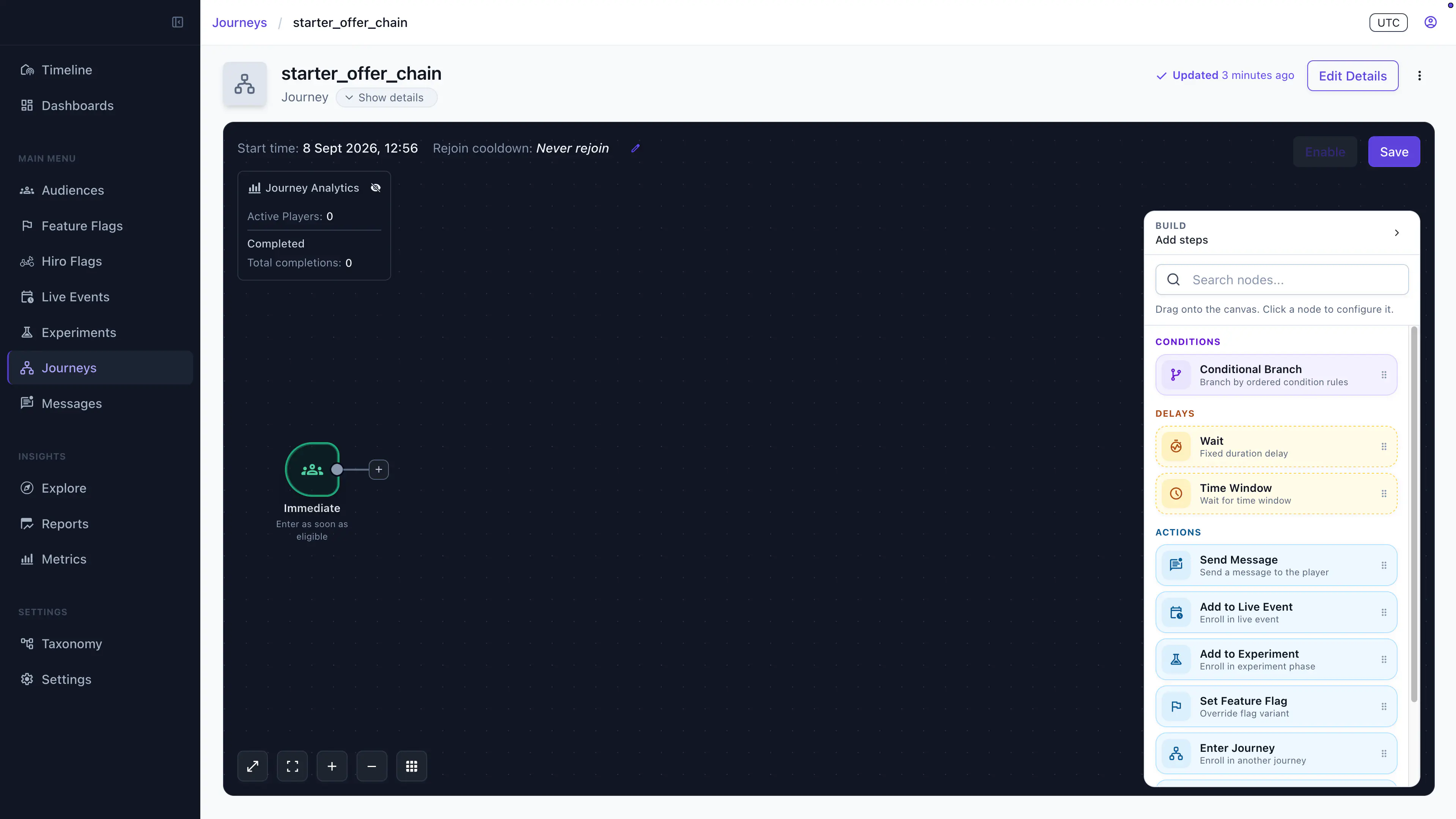 The Scheduling stage of the Create Journey wizard