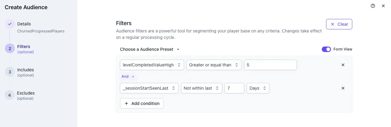 Completed audience filter with two conditions joined by And: levelCompletedValueHigh greater or equal than 5, and _sessionStartSeenLast not within last 7 days