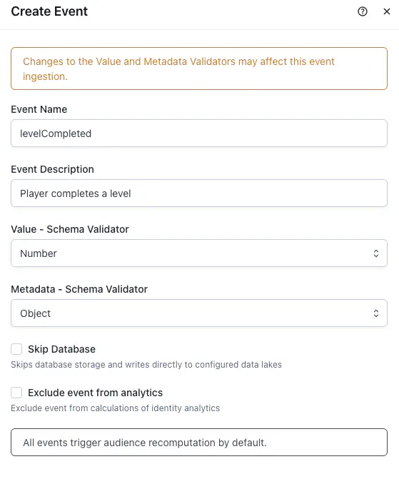 Creating the levelCompleted event with a Number value and Object metadata
