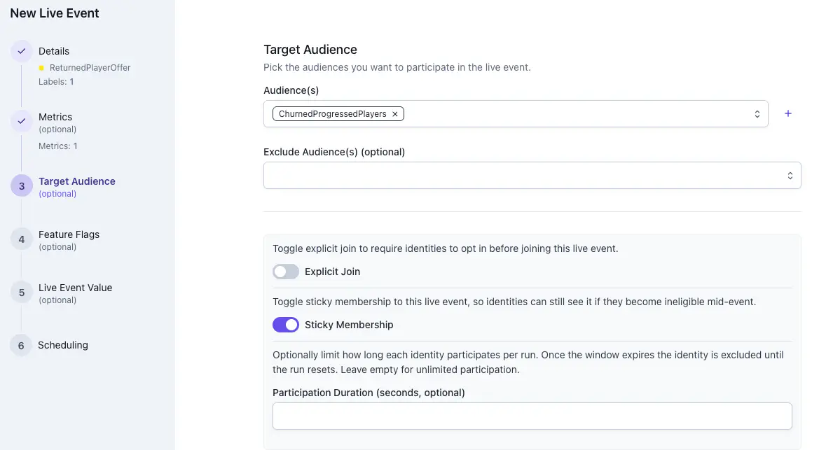 Target Audience stage of the wizard with the ChurnedProgressedPlayers audience selected and Sticky Membership toggled on