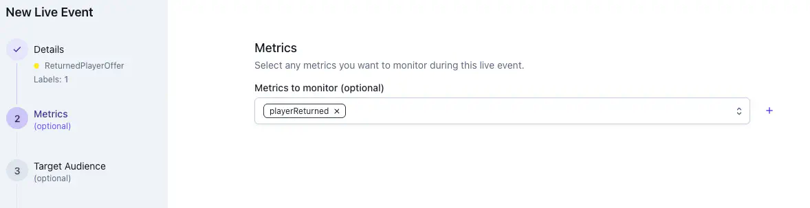 Metrics stage of the wizard with the playerReturned metric selected for monitoring