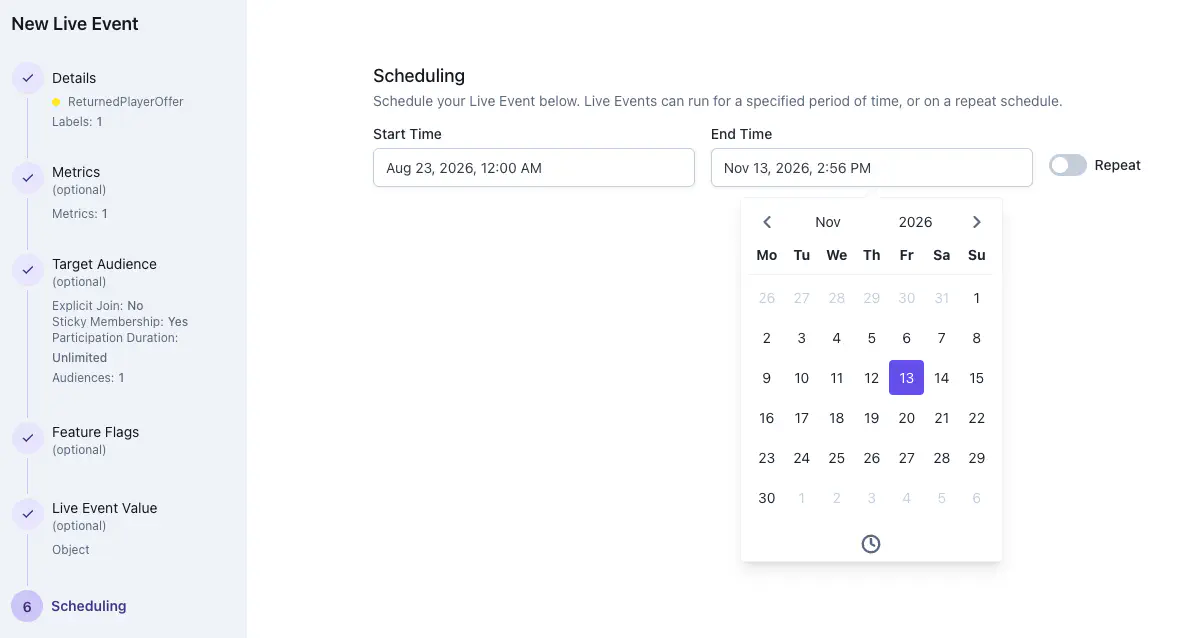Scheduling stage of the wizard showing start and end time fields with a date picker open, and a Repeat toggle