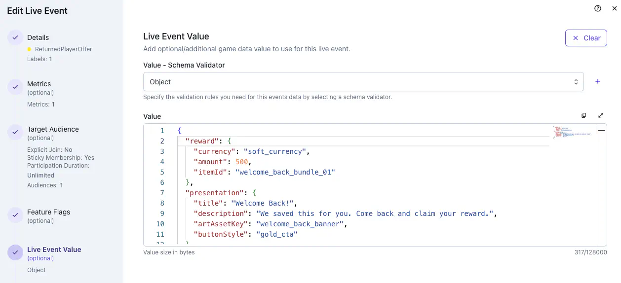 Live Event Value stage of the wizard, with the schema validator set to Object and a JSON payload containing reward and presentation fields in the value editor
