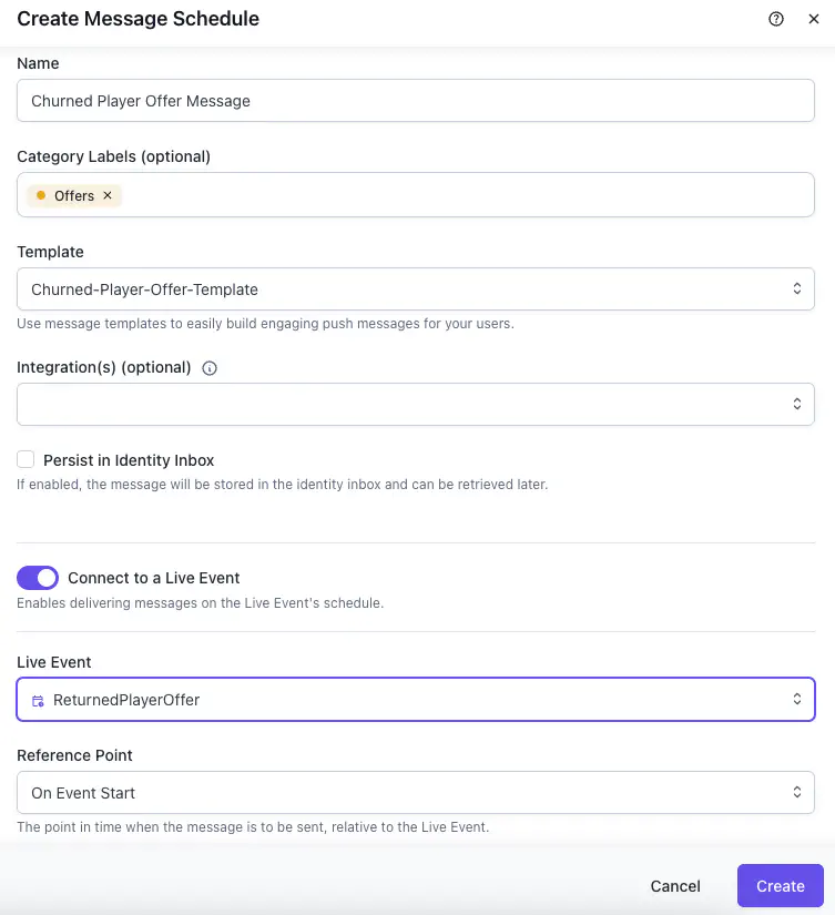 Create Message Schedule dialog with Connect to a Live Event enabled, targeting the ReturnedPlayerOffer live event and the Churned-Player-Offer-Template