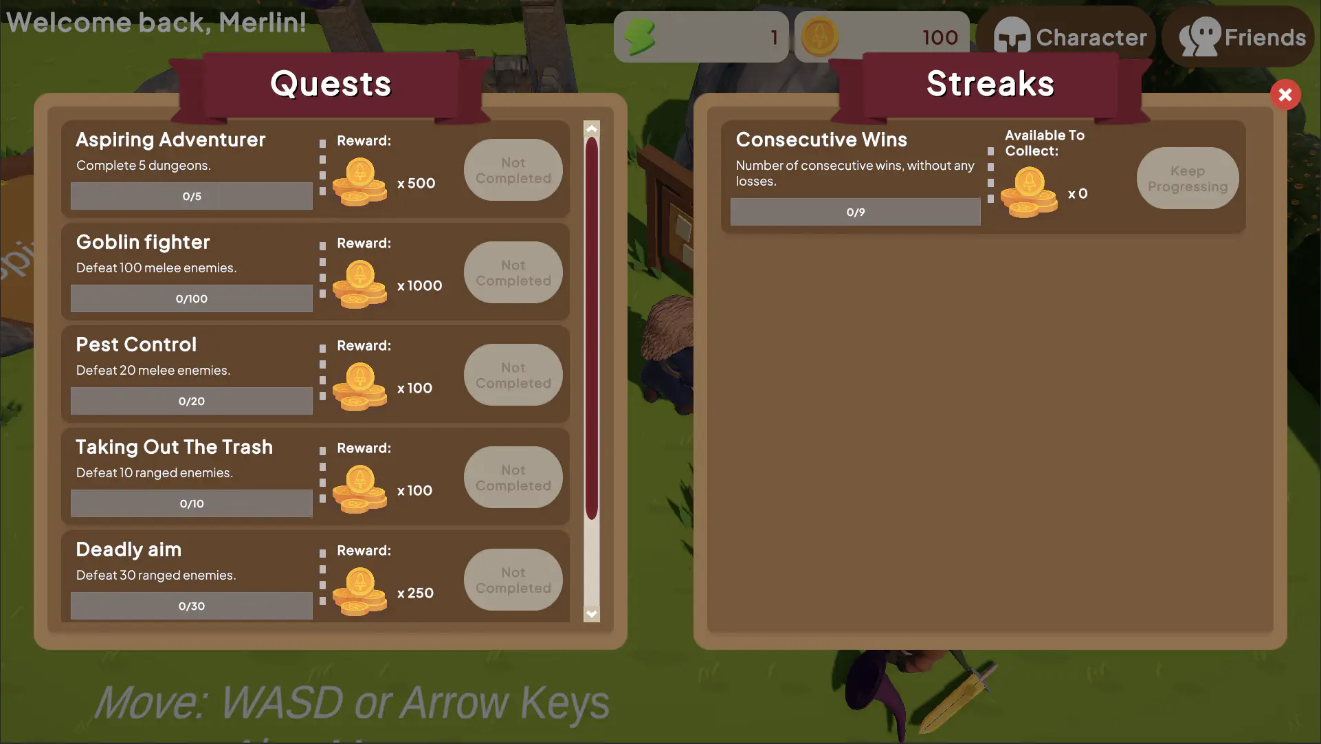 The quests and streaks panels showing achievement progress and consecutive win rewards