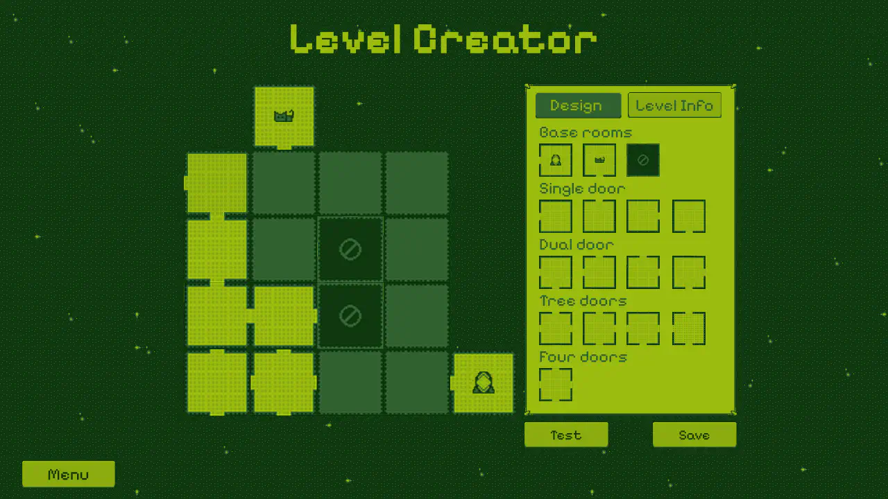 The Pocketbound level creator with a tile palette of room shapes beside a partially built grid