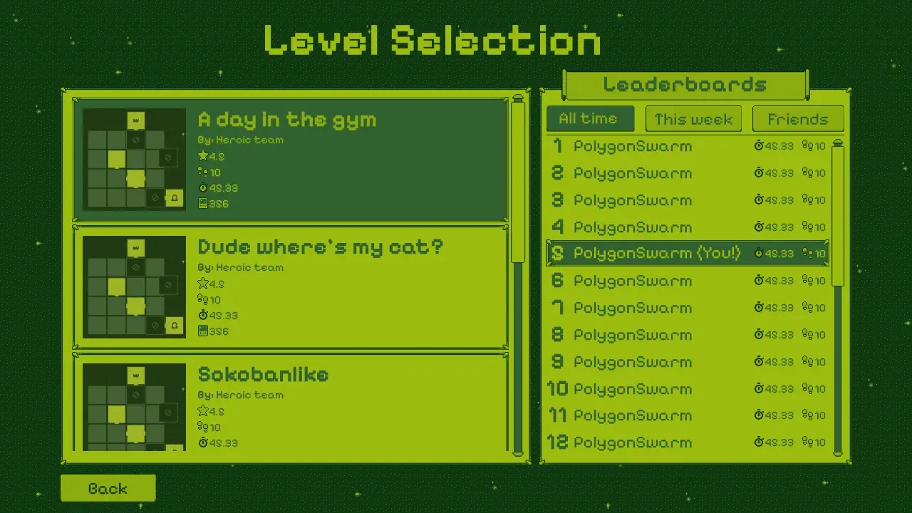 The level selection screen listing player-made levels beside a leaderboard filtered by all time, this week, and friends