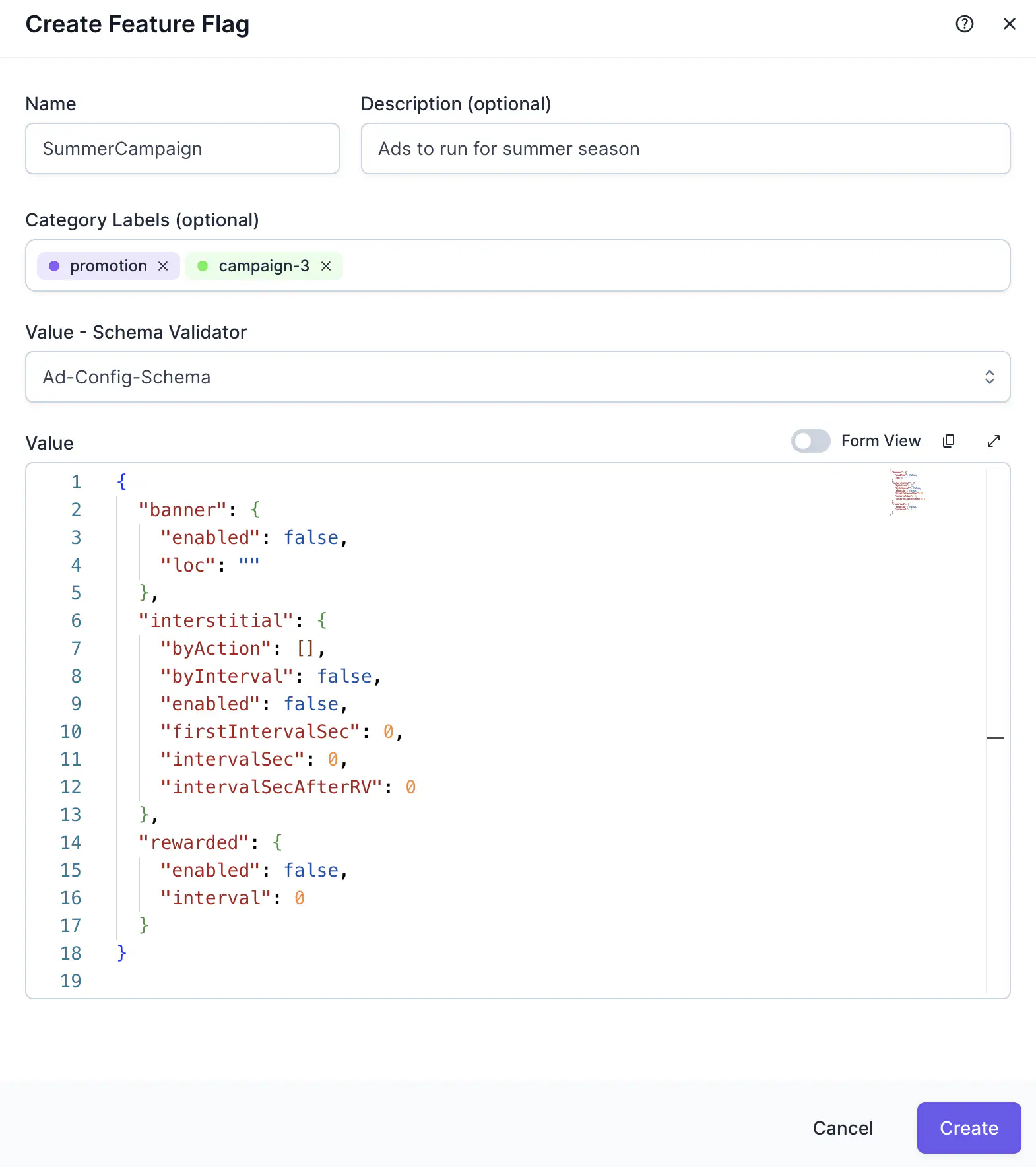 Creating a feature flag through the form editor in the Satori console