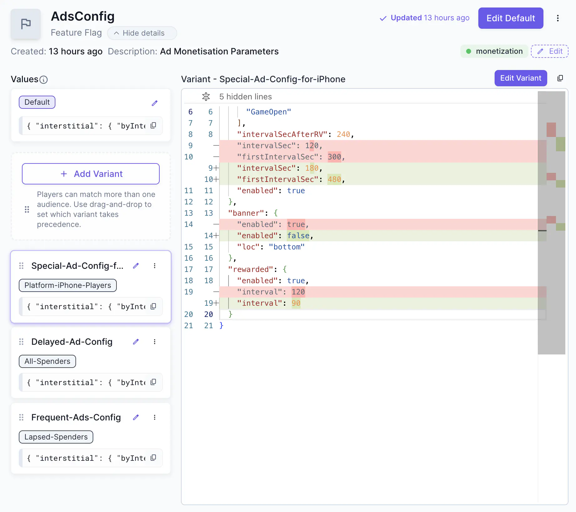 A screenshot from the Satori console displays an AdsConfig feature flag that has three variants. The differences between the variant and the default flag are highlighted in the main view.