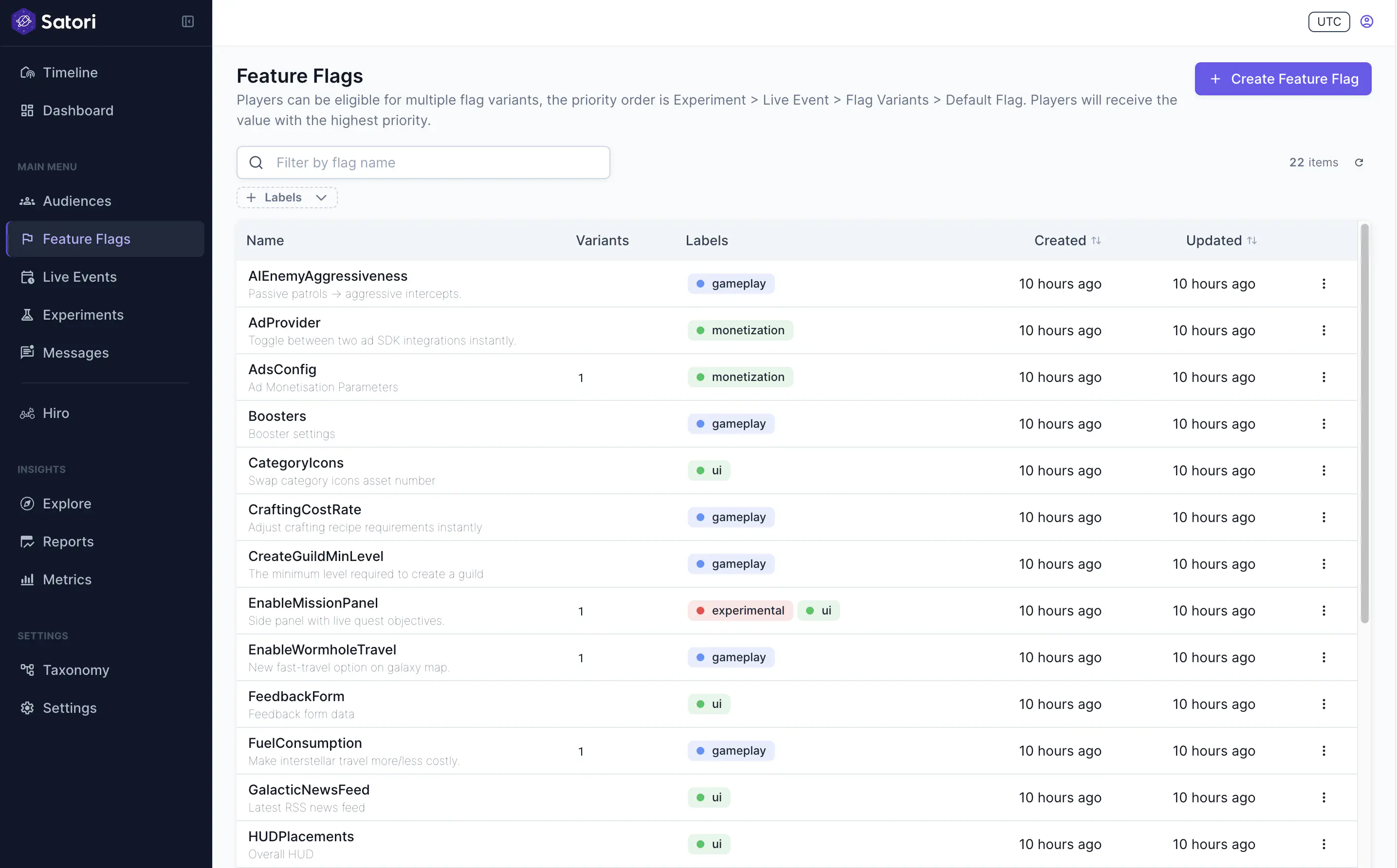 A list of feature flags in the Satori console
