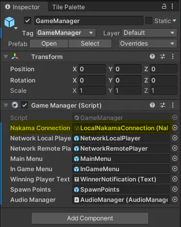 GameManager NakamaConnection in Inspector