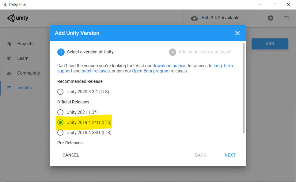 Choosing Unity 2019.4 Official Release