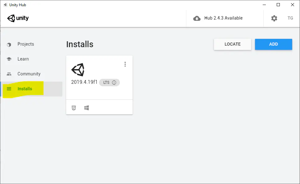 Unity Hub “Installs” tab