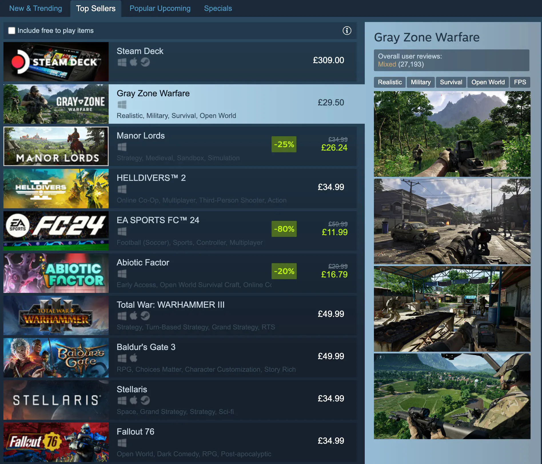 Gray Zone Warfare on Steam Top Sellers